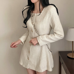 【美品】Sandro ツイード×プリーツベルトワンピース 金ボタン 美品】Sandro ツイード×プリーツベルトワンピース 金ボタン