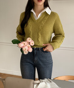 Dalfwin 韓国ファッション ダメージニットドッキングデザインシャツ