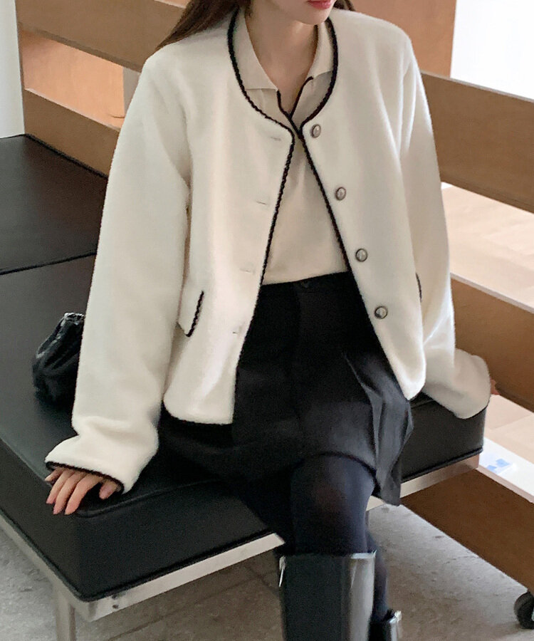 ガーリーノーカラークロップボアジャケット｜ジャケット｜韓国