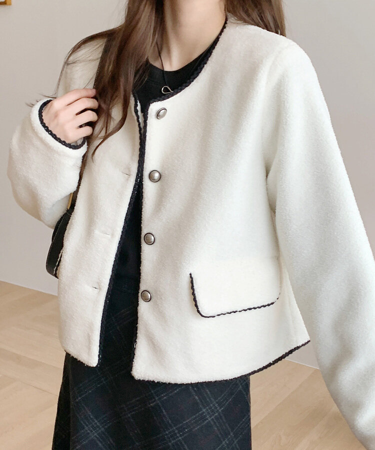 ガーリーノーカラークロップボアジャケット｜ジャケット｜韓国