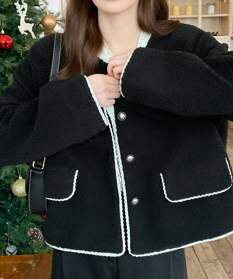 ガーリーノーカラークロップボアジャケット｜ジャケット｜韓国