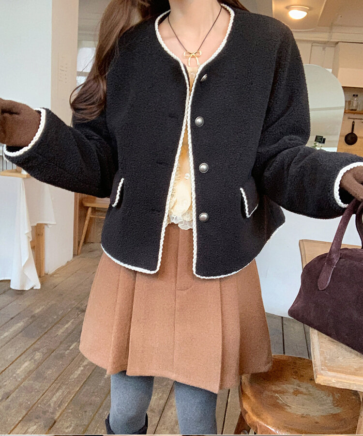 ガーリーノーカラークロップボアジャケット｜ジャケット｜韓国