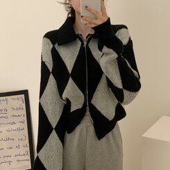 ビッグダイヤチェックルダブルジップアップニット｜ニット｜韓国