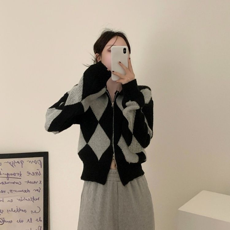 ビッグダイヤチェックルダブルジップアップニット｜ニット｜韓国