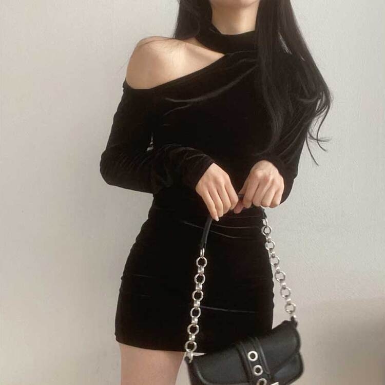 ミニワンピース ベルベットワンショルダーオープンミニワンピース BLACK