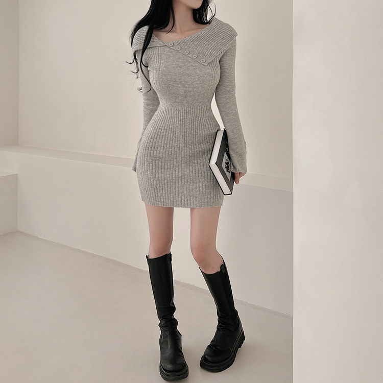 オフショルダーアイボリー ミニワンピース オフショルケーブルミニワンピース｜MIIA ミーア 幅広の折り返しを施