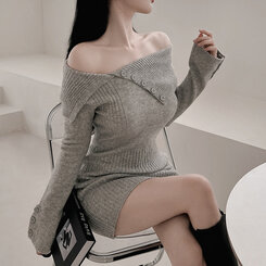 オフショルダーミニボタンリブニットミニワンピース｜ミニワンピース