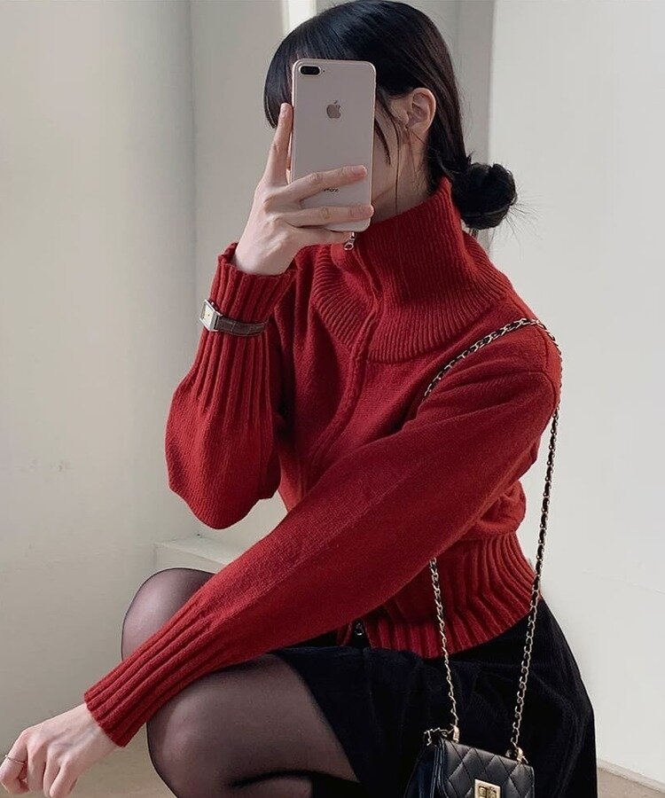 ジャンパー スリムリブウエストダブルジップアップニット RED