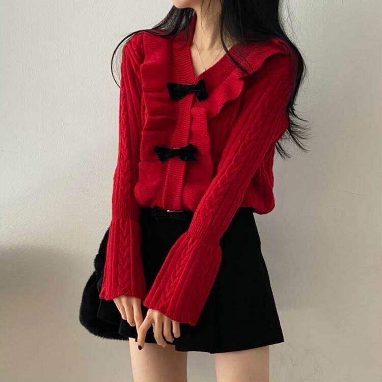 ラブリーリボンフリルベルスリーブニット｜ニット｜韓国ファッション