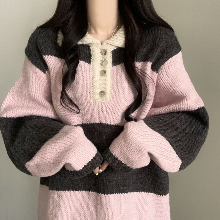 メイプルボタンロングニット CHARCOAL+PINK