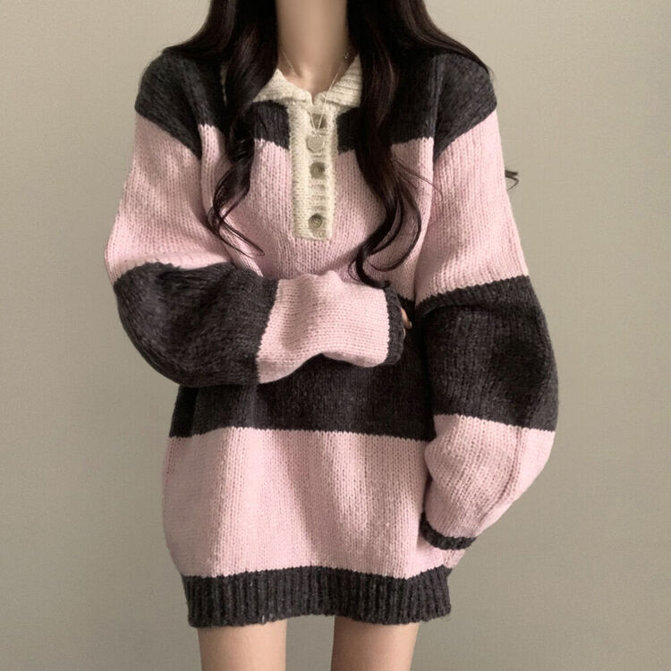 メイプルボタンロングニット CHARCOAL+PINK