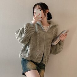 ダブルジップ　セーター ケーブルルーズフィットダブルジップアップニット5色｜ジャンパー