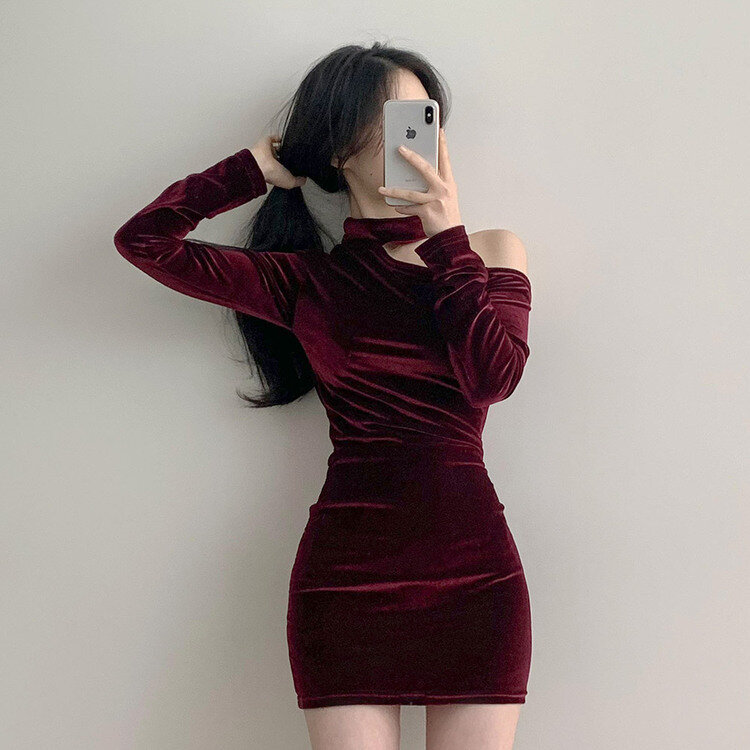 バーガンディ ベルベット オフショルダー ワンピース M 2次会ドレス