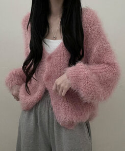 샤인앙고라퍼브이넥루즈핏니트가디건 핑크