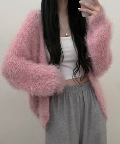 샤인앙고라퍼브이넥루즈핏니트가디건 핑크