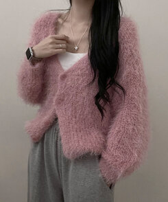 샤인앙고라퍼브이넥루즈핏니트가디건 핑크