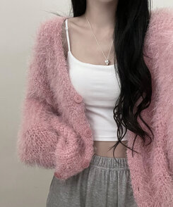 샤인앙고라퍼브이넥루즈핏니트가디건 핑크