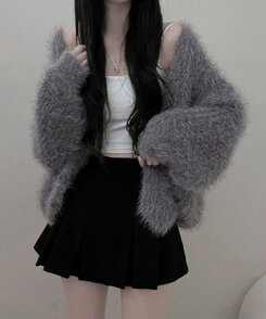 샤인앙고라퍼브이넥루즈핏니트가디건 그레이