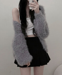 샤인앙고라퍼브이넥루즈핏니트가디건 그레이