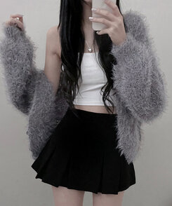 샤인앙고라퍼브이넥루즈핏니트가디건 그레이