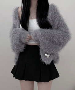 샤인앙고라퍼브이넥루즈핏니트가디건 그레이