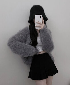 샤인앙고라퍼브이넥루즈핏니트가디건 그레이