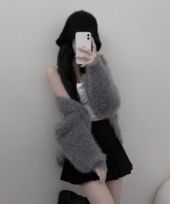 샤인앙고라퍼브이넥루즈핏니트가디건 그레이