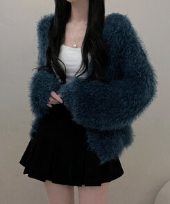 샤인앙고라퍼브이넥루즈핏니트가디건 블루