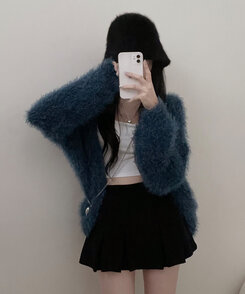 샤인앙고라퍼브이넥루즈핏니트가디건 블루