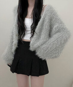 샤인앙고라퍼브이넥루즈핏니트가디건 카키