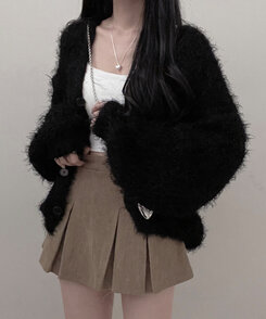 샤인앙고라퍼브이넥루즈핏니트가디건 블랙