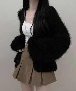 샤인앙고라퍼브이넥루즈핏니트가디건 블랙