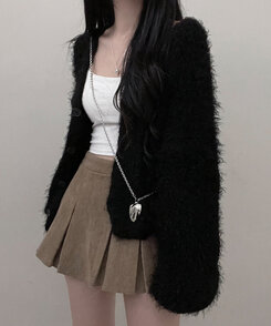 샤인앙고라퍼브이넥루즈핏니트가디건 블랙