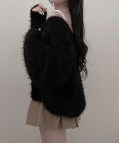 샤인앙고라퍼브이넥루즈핏니트가디건 블랙