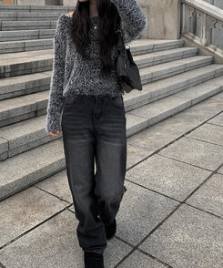 ツーボタンブラックデニムワイドパンツ｜デニム｜韓国