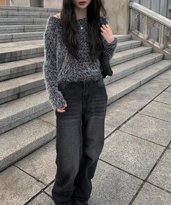 ツーボタンブラックデニムワイドパンツ｜デニム｜韓国ファッション通販