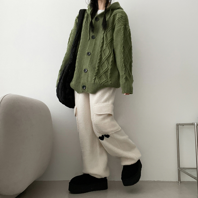 ケーブルボタンフードニットカーディガン GREEN