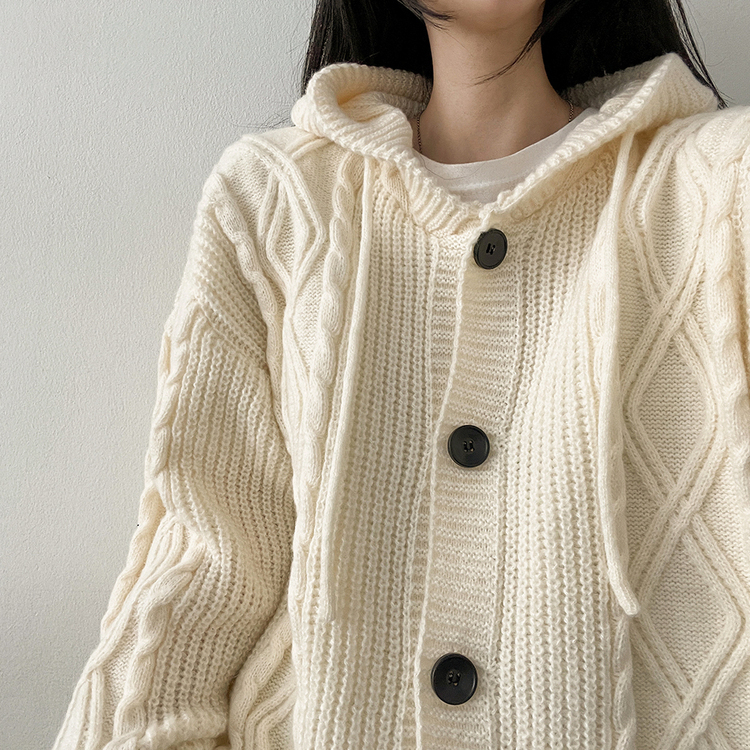 ケーブルボタンフードニットカーディガン IVORY