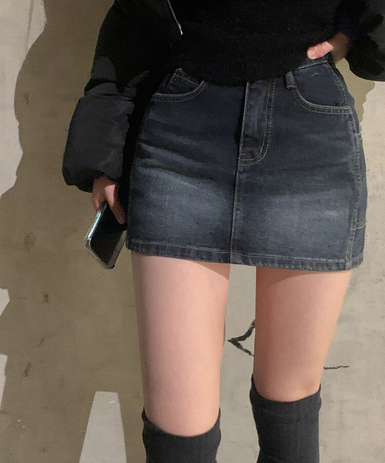 ウォッシングデニムジーンズスリムパンツインミニスカート｜ミニ
