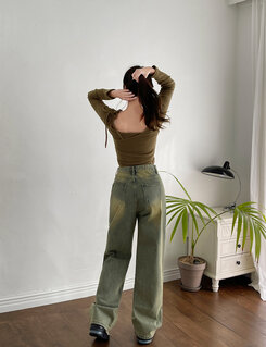 [丈別/S~XL]ビンテージウォッシングワイドデニム GREEN TIN