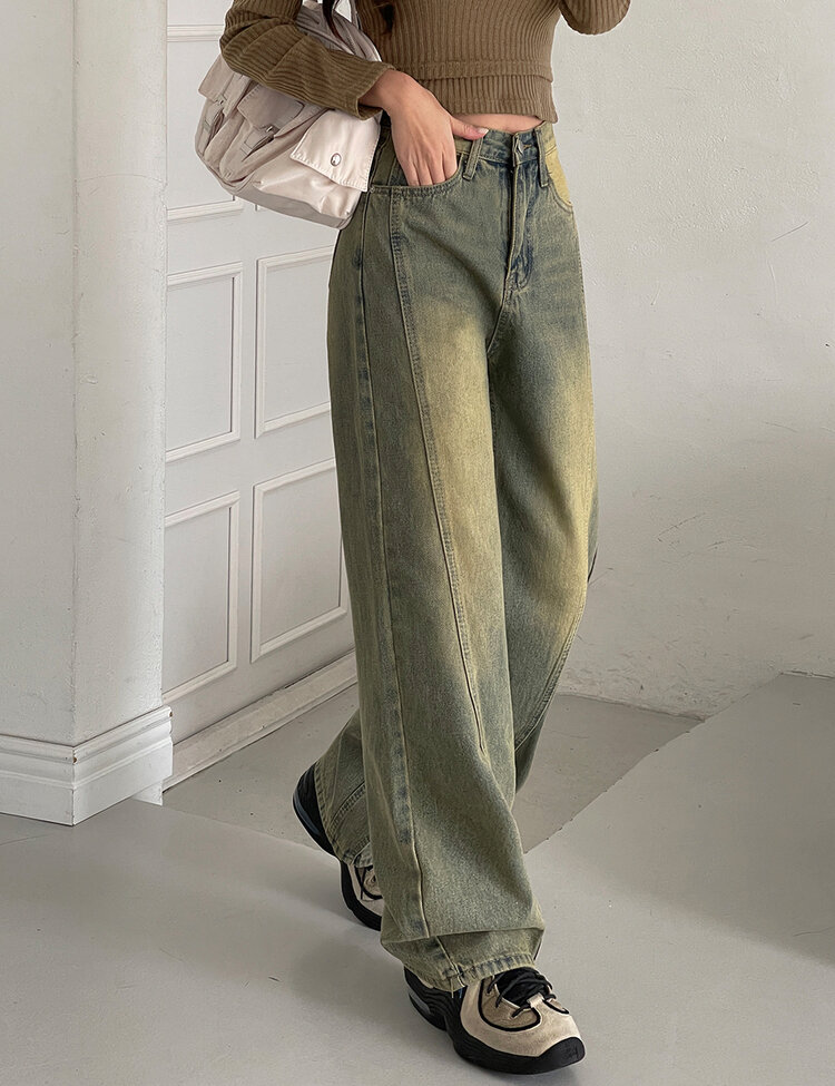 [丈別/S~XL]ビンテージウォッシングワイドデニム GREEN TIN