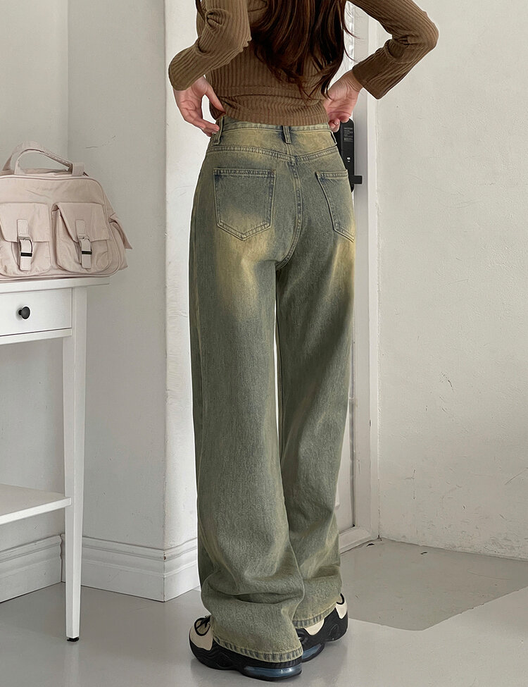 [丈別/S~XL]ビンテージウォッシングワイドデニム GREEN TIN