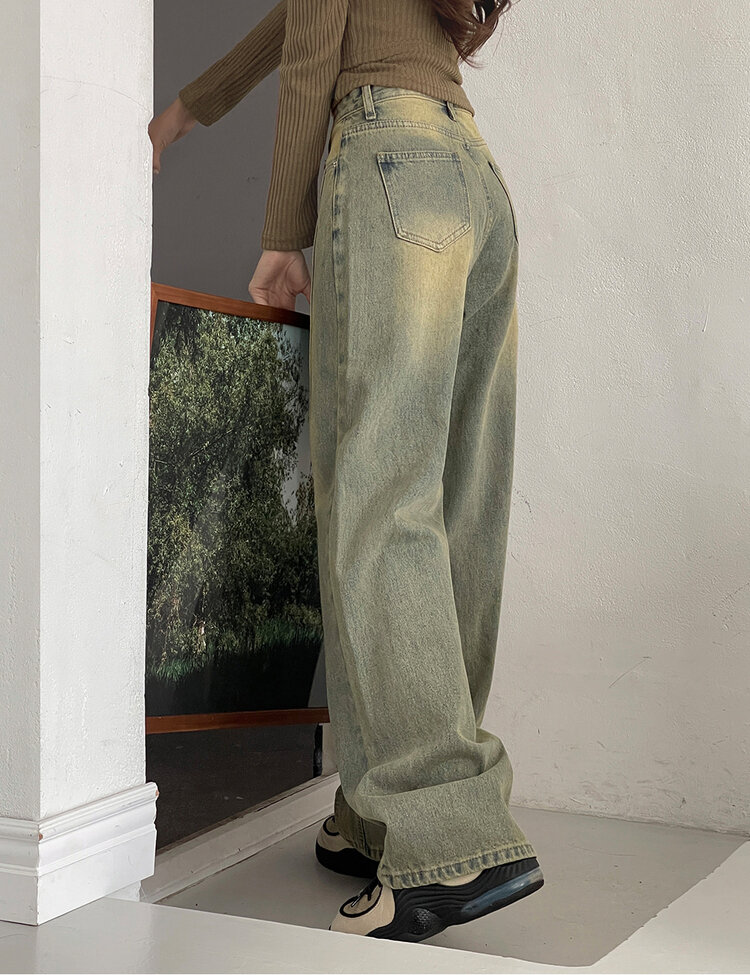 [丈別/S~XL]ビンテージウォッシングワイドデニム GREEN TIN