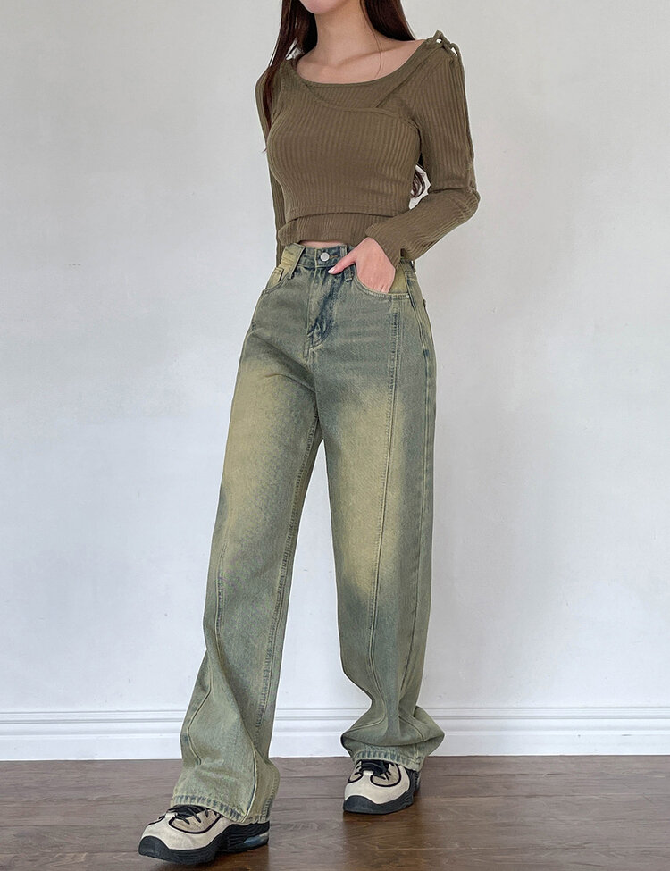[丈別/S~XL]ビンテージウォッシングワイドデニム GREEN TIN