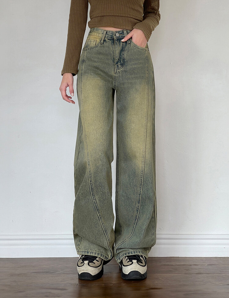 [丈別/S~XL]ビンテージウォッシングワイドデニム GREEN TIN