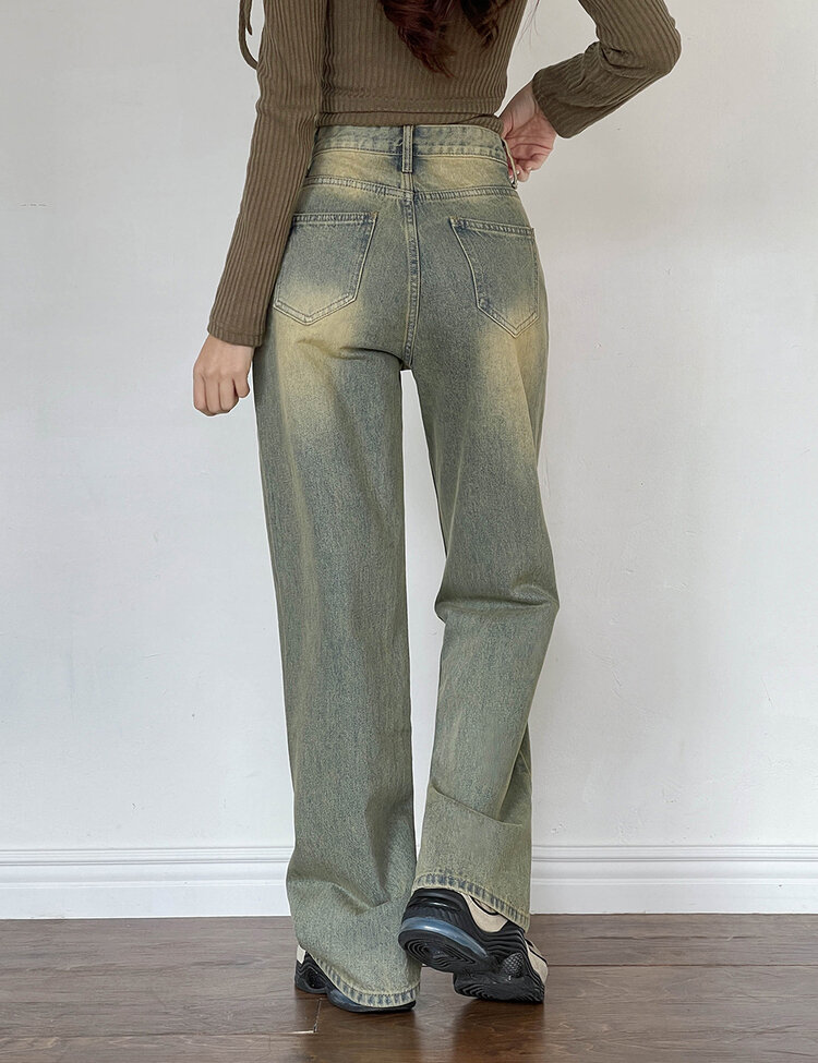 [丈別/S~XL]ビンテージウォッシングワイドデニム GREEN TIN