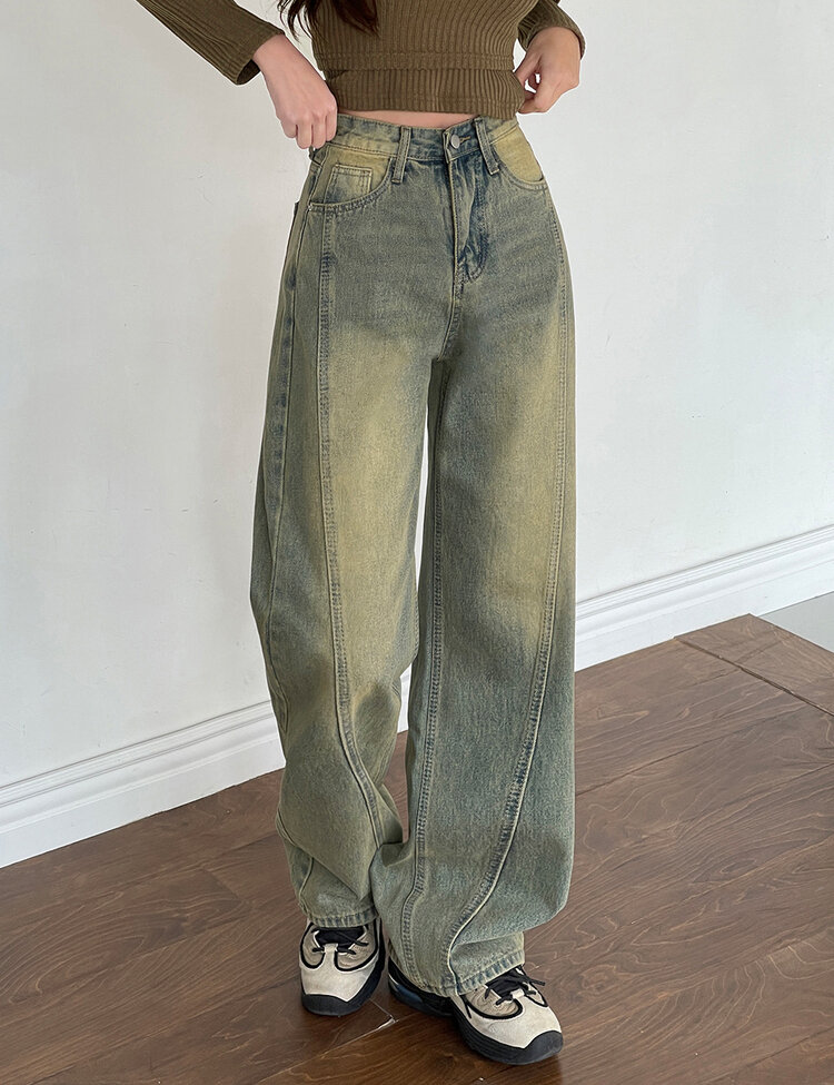 [丈別/S~XL]ビンテージウォッシングワイドデニム GREEN TIN