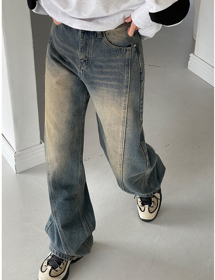 [丈別/S~XL]ビンテージウォッシングワイドデニム DEEP BLUE