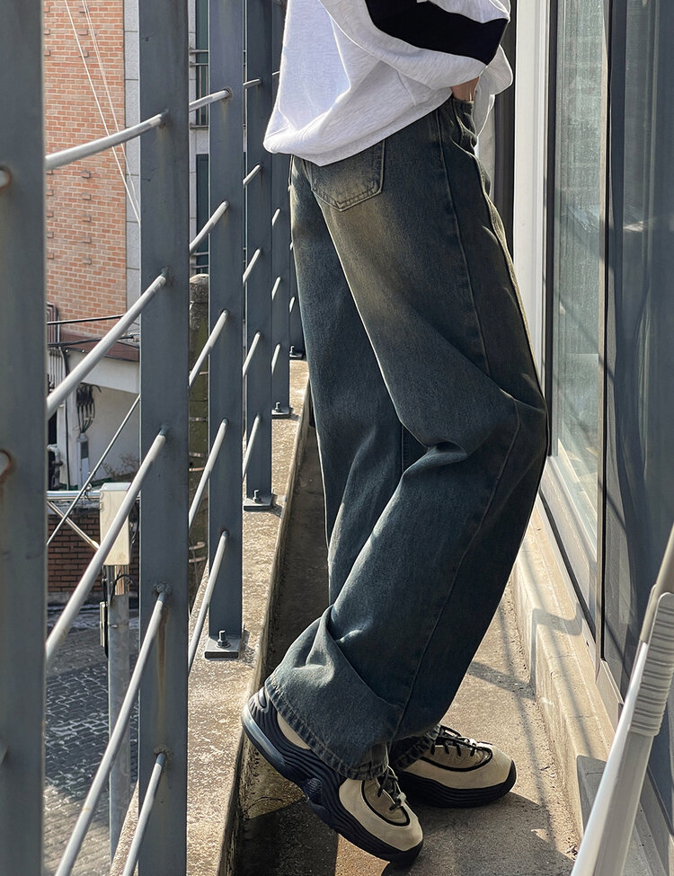[丈別/S~XL]ビンテージウォッシングワイドデニム DEEP BLUE