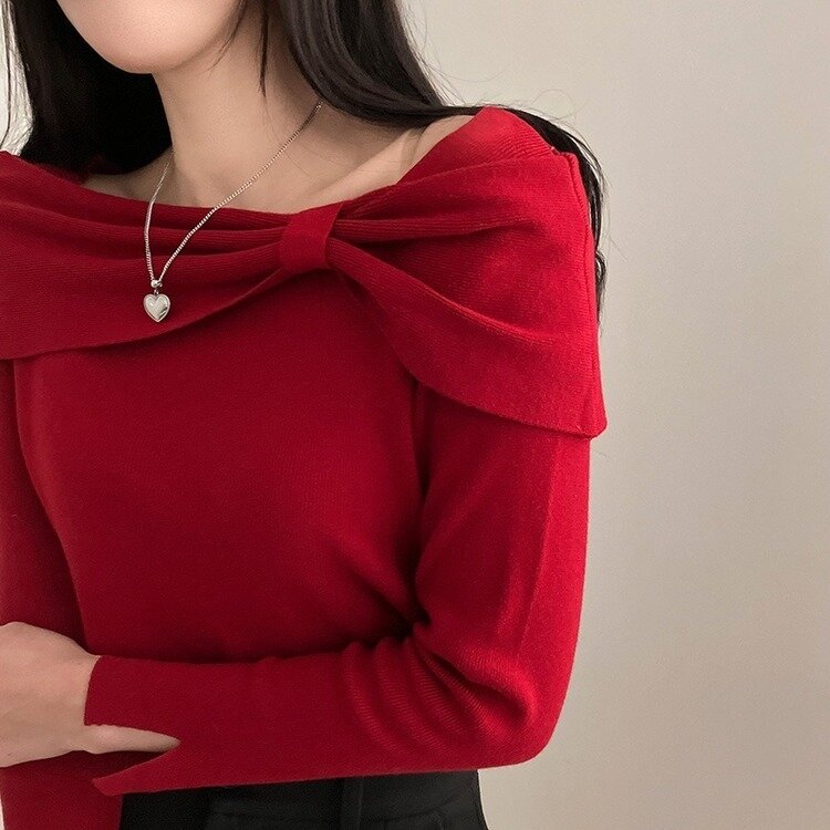 러브시그널 리본 스퀘어 오프숄더 소매 트임 긴팔 니트 레드